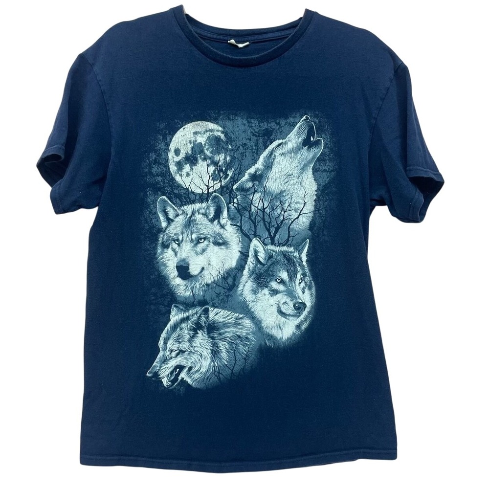 Vintage Y2K Wolf Graphic T Shirt Moon Nature Wildlife Navy Blue Unisex L Read